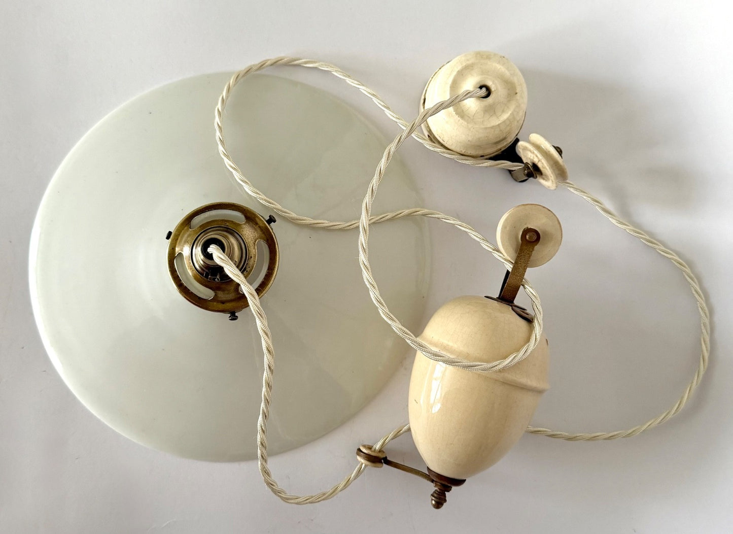 Antique original French rise & fall ceiling light opaline coolie glass shade T5