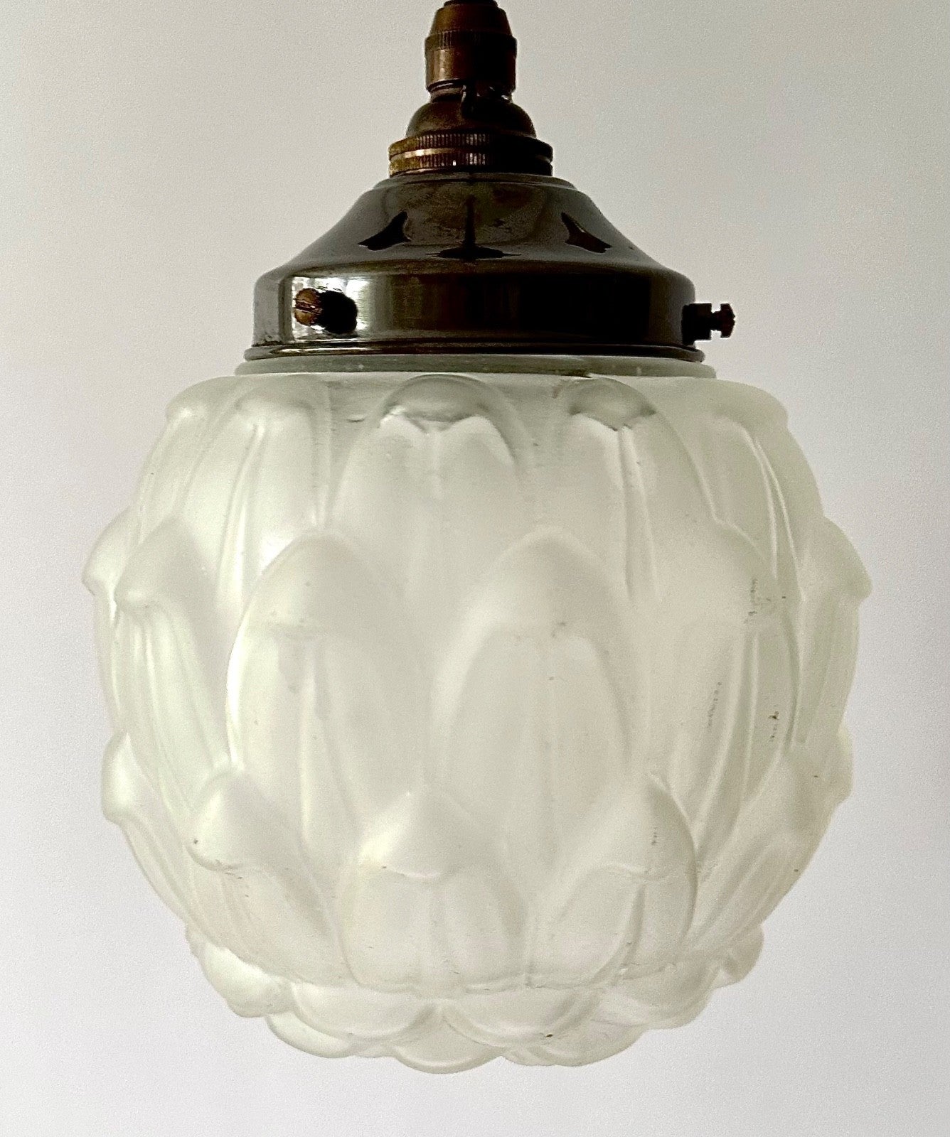 Vintage original French glass ceiling light shade sculpted globe + fittings 30s6