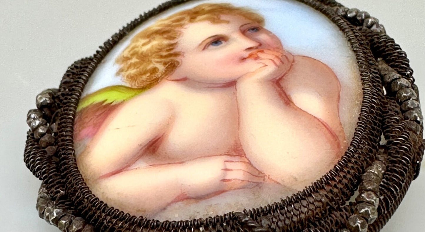 Antique Silesian wirework brooch handpainted cherub putti ceramic porcelain8