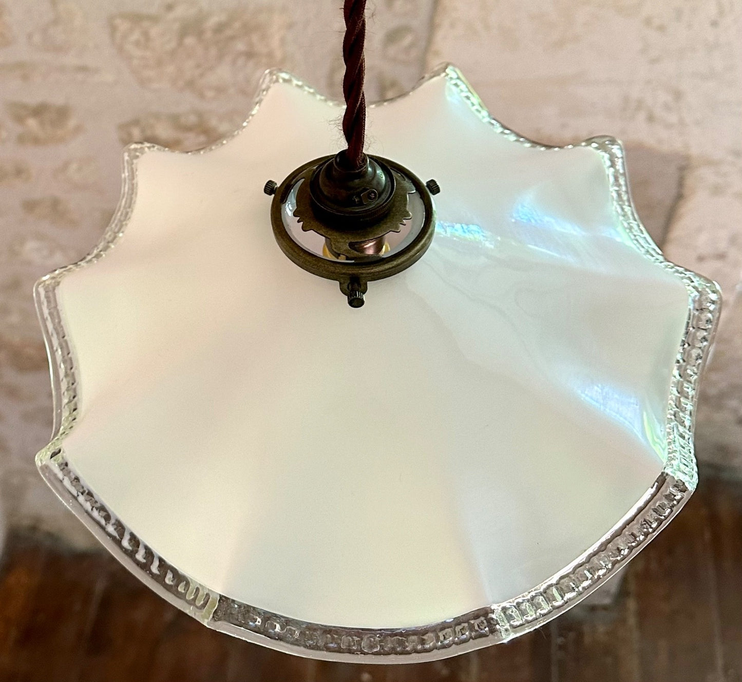 Vintage French wavy opaline glass ceiling light shade coolie white + fittings4
