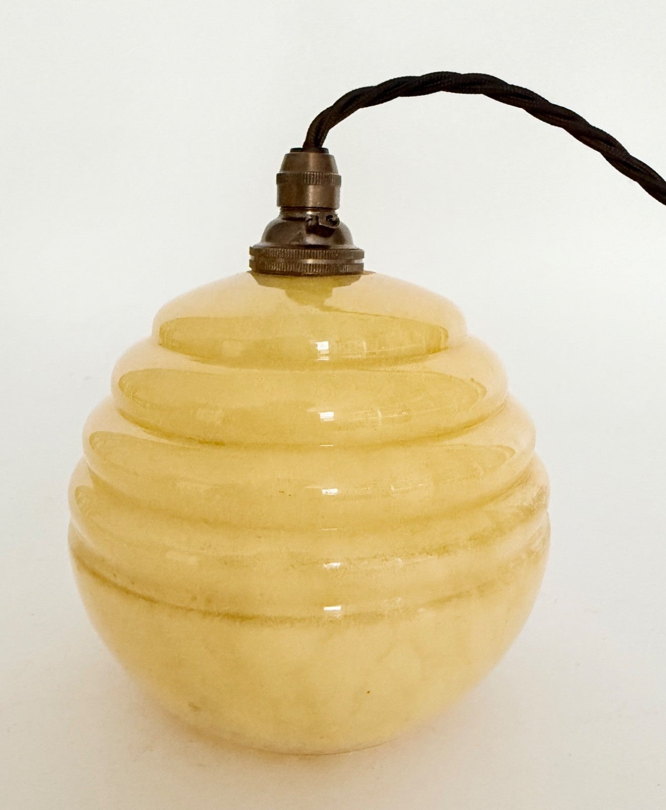 Small vintage French ribbed marbled glass ceiling light yellow ready to hang4