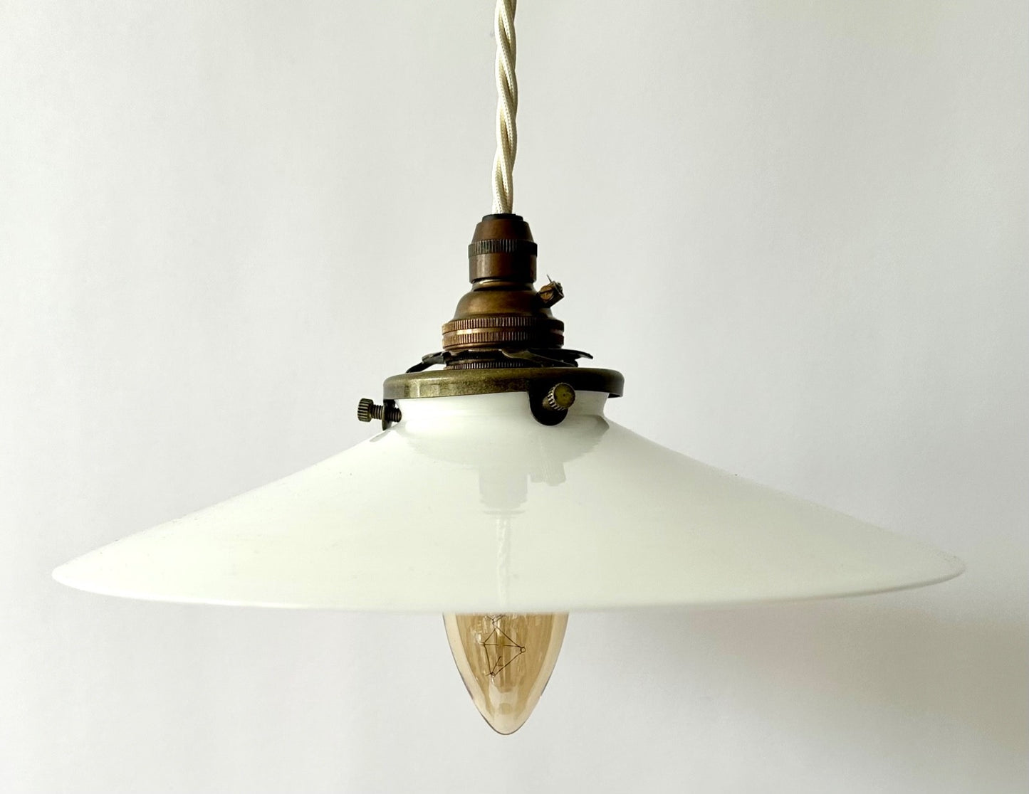 Smaller vintage French opaline glass coolie light shade ceiling + fittings 22cm4