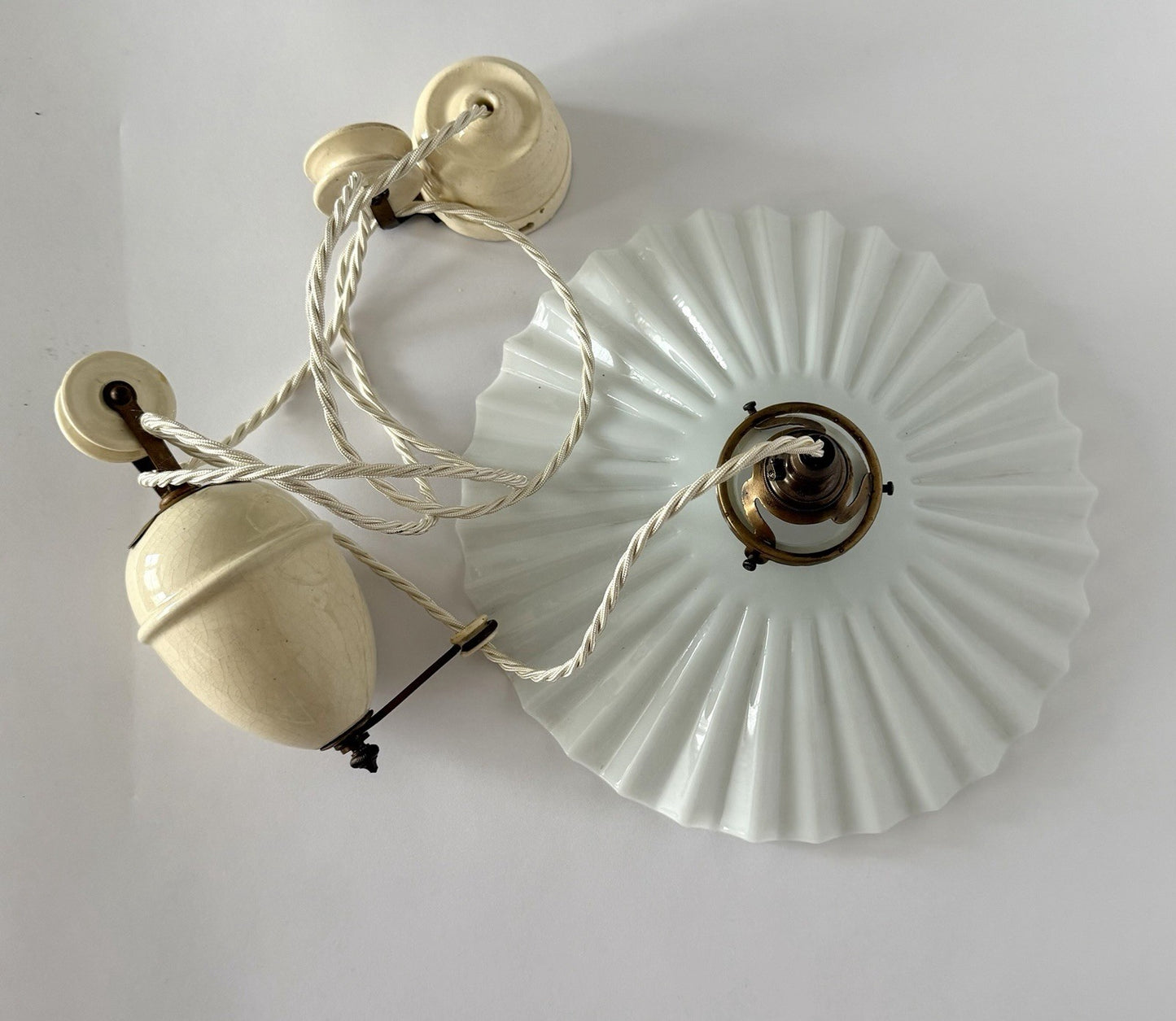 Antique original French rise & fall ceiling light pleated opaline glass shade Z10