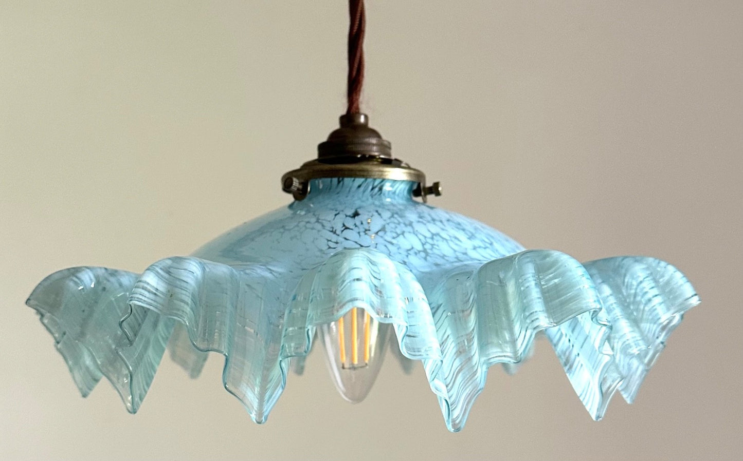 Vintage French marbled glass frilly coolie light shade blue + brass fittings6