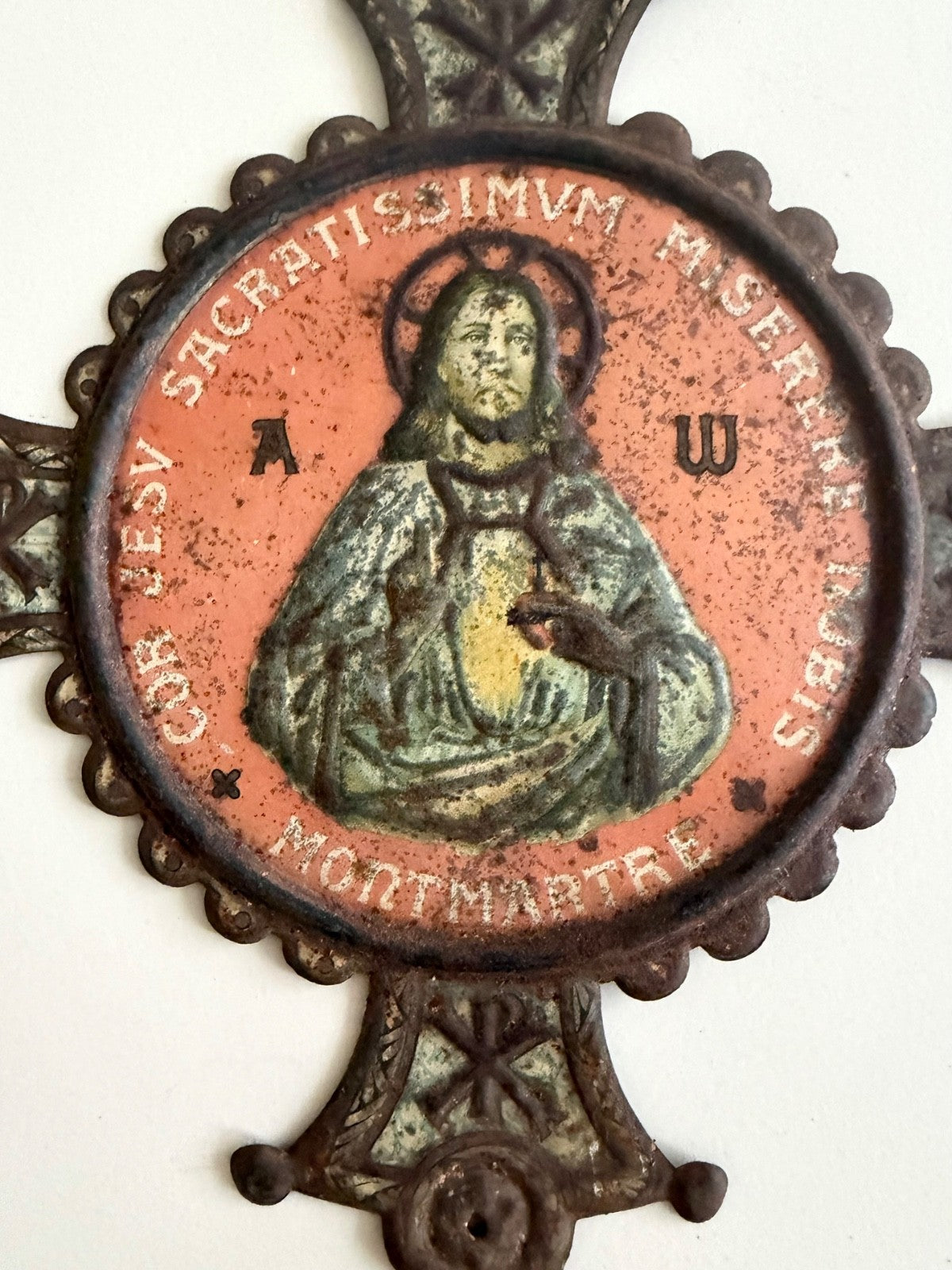 Antique French Religious Souvenir Plaque Jesus Montmartre Paris Tinware 20cm2