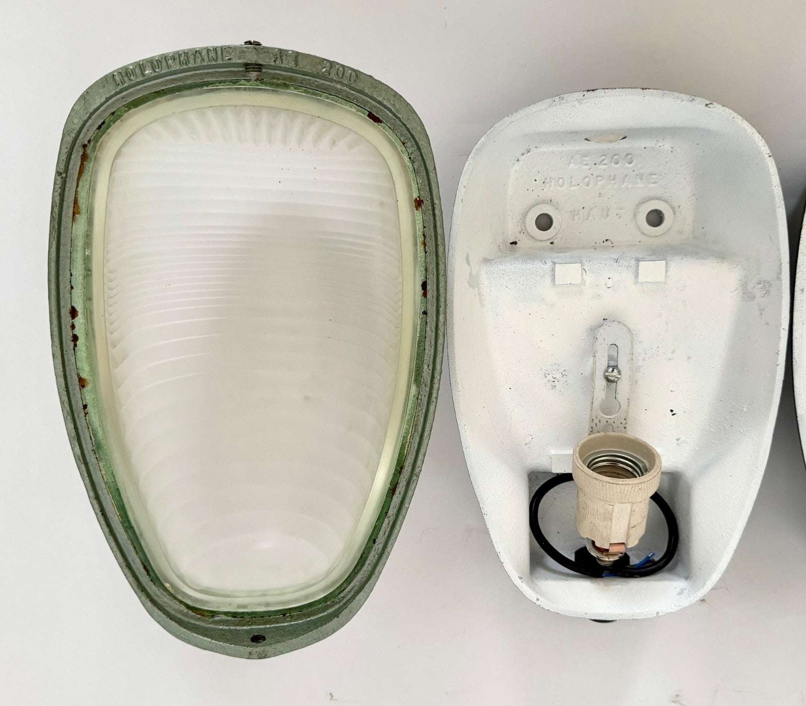 Pair Holophane Industrial Wall Light Sconces French 1950s Metal Glass AE2007