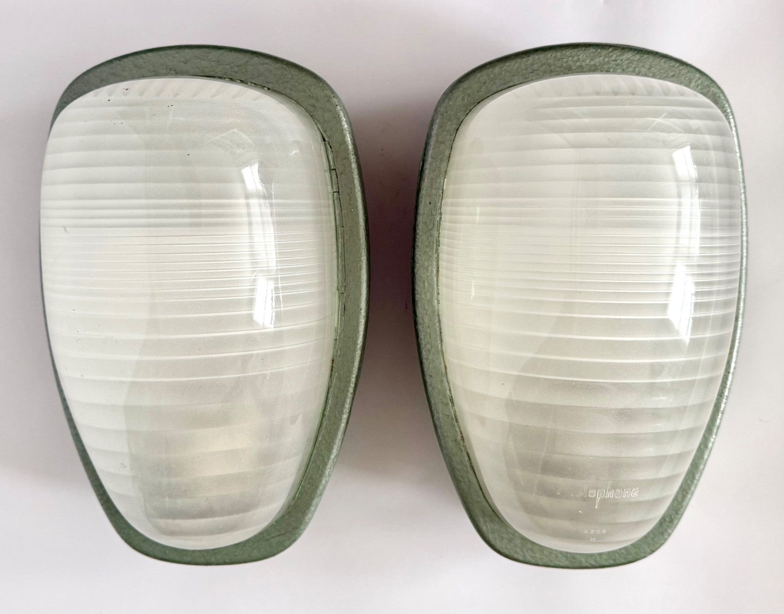 Pair Holophane Industrial Wall Light Sconces French 1950s Metal Glass AE2000