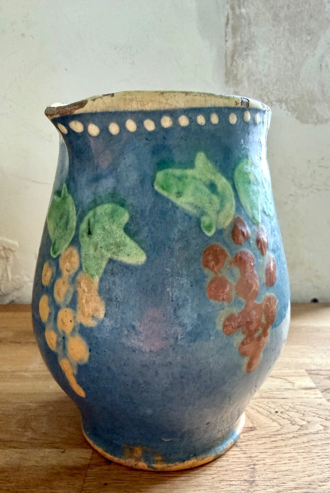 Large Antique 19th C French Jug Alsace Savoie Terracotta Pitcher Blue Decorated5