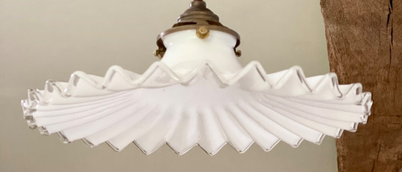 Vintage French pleated opaline glass ceiling light shade coolie white + fittings2