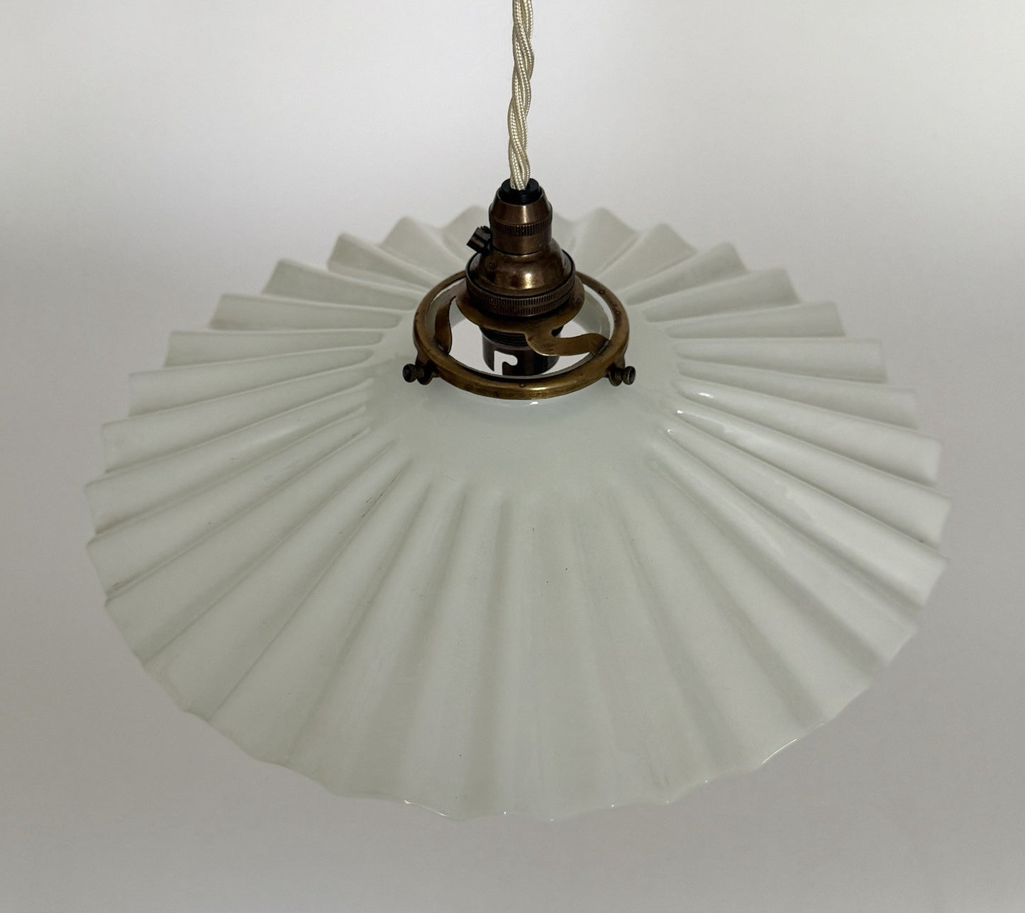 Antique original French rise & fall ceiling light pleated opaline glass shade Z7