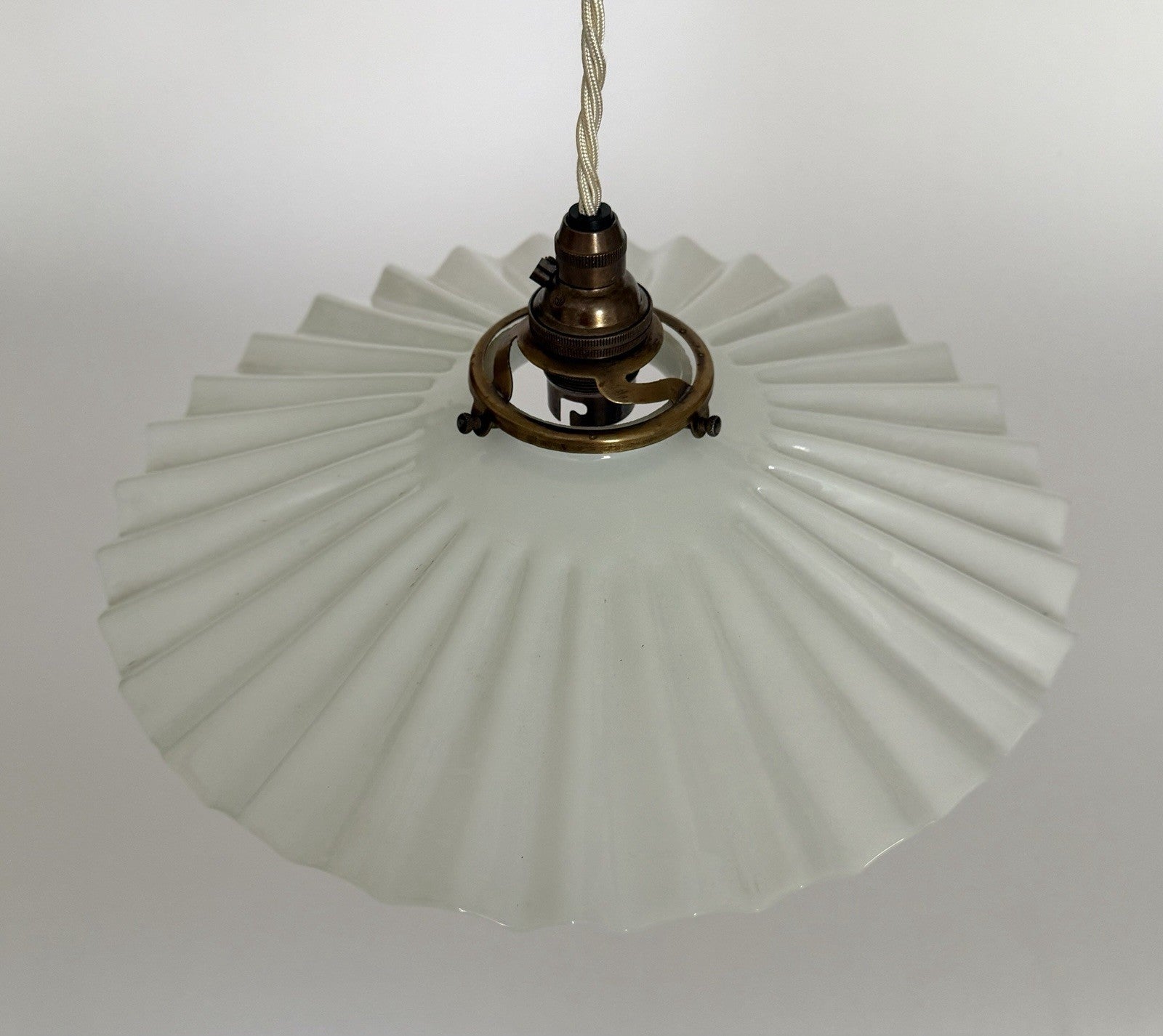 Antique original French rise & fall ceiling light pleated opaline glass shade Z7
