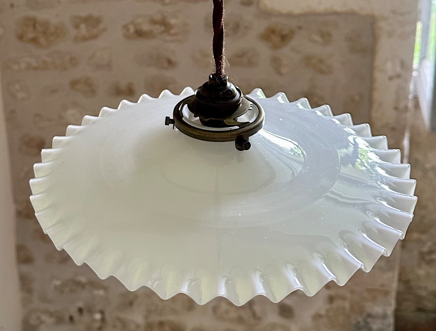 Vintage French all opaline piecrust coolie light shade & brass fittings3