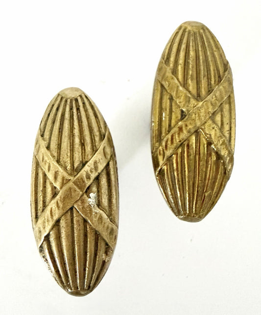 Pair Antique French Brass Knobs Handles Pulls Cabinet Reed & Ribbon 18th C0
