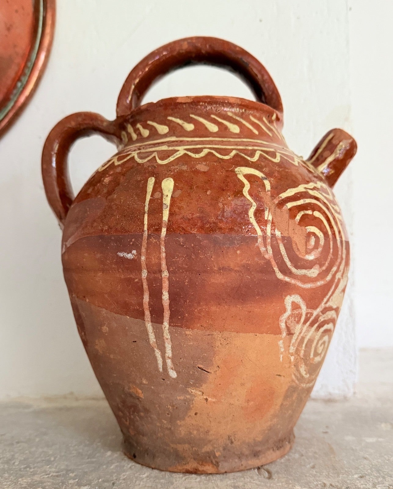 Antique French Saône terracotta gargoulette jug pitcher decorated slipware 19thC4