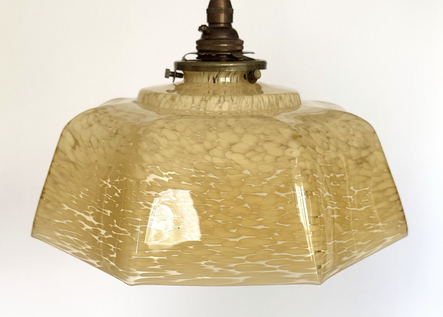 Vintage French marbled glass ceiling light shade pale yellow umbrella + fittings0