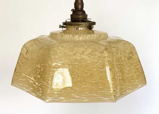 Vintage French marbled glass ceiling light shade pale yellow umbrella + fittings0
