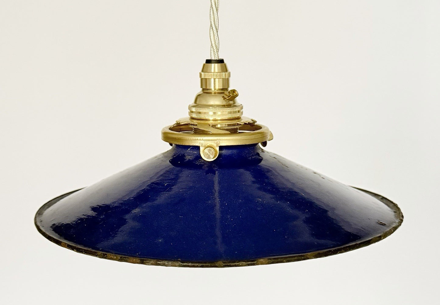 Vintage French blue enamel metal coolie ceiling light with ivory twist flex A1