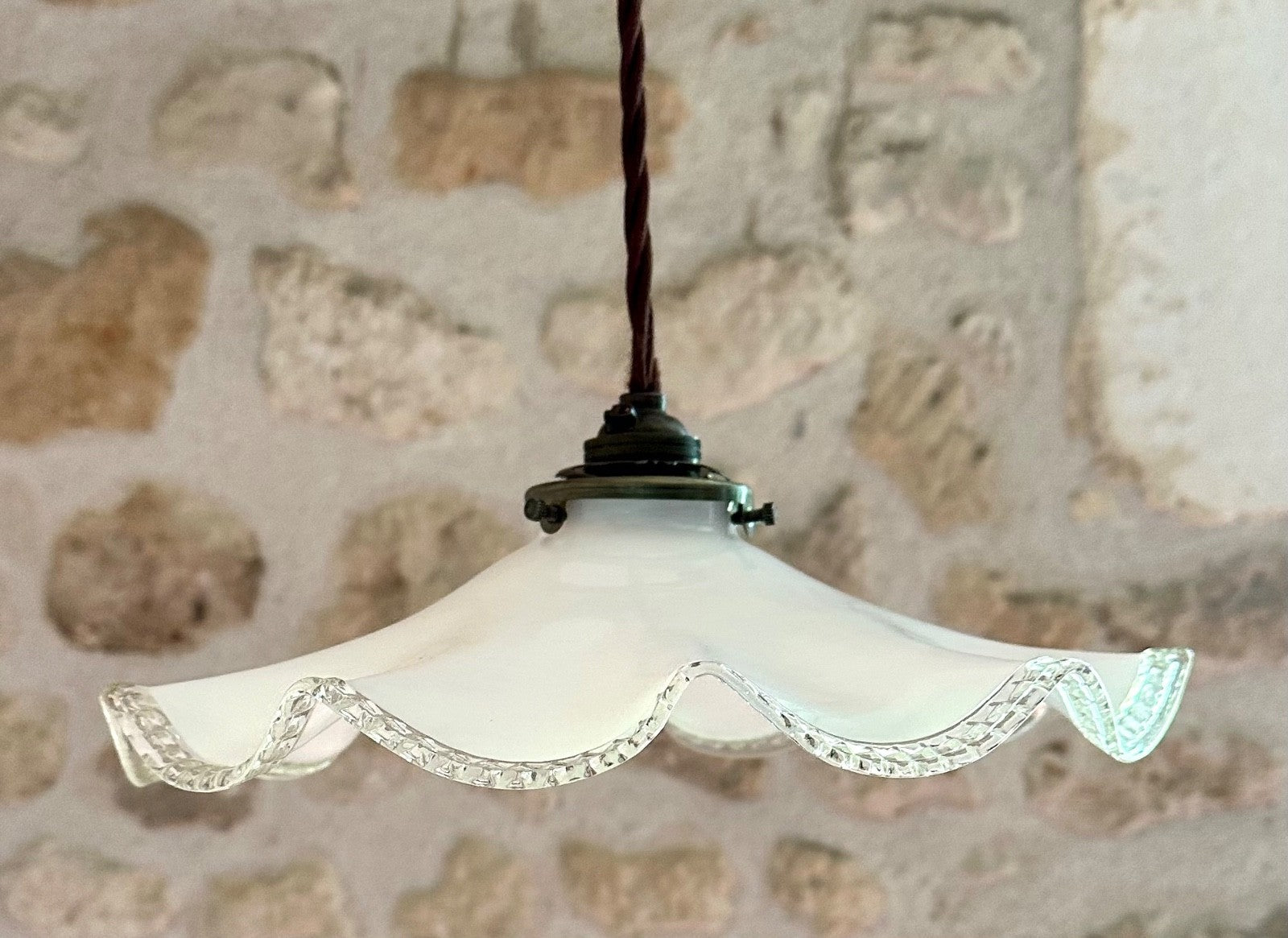 Vintage French wavy opaline glass ceiling light shade coolie white + fittings1