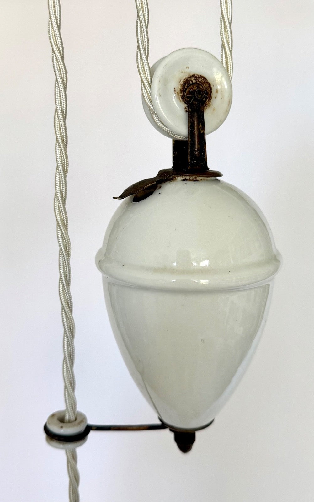 Vintage original French rise & fall ceiling light pleated opaline glass shade S4