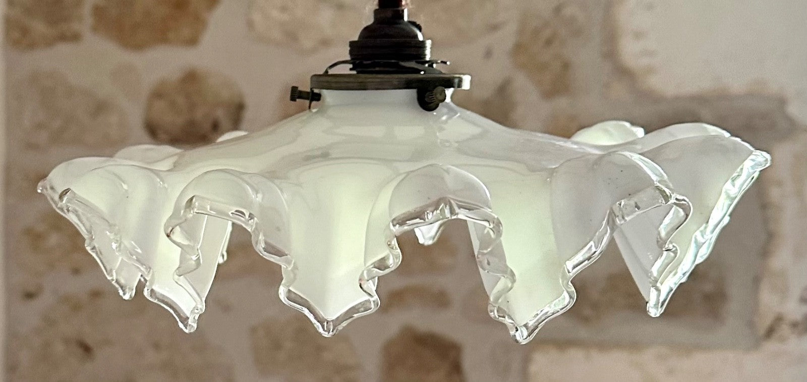 Vintage French opaline glass frilly coolie ceiling light shade white + fittings0