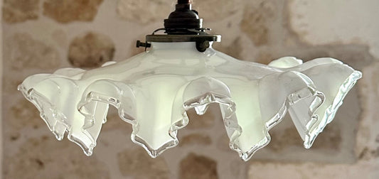 Vintage French opaline glass frilly coolie ceiling light shade white + fittings0