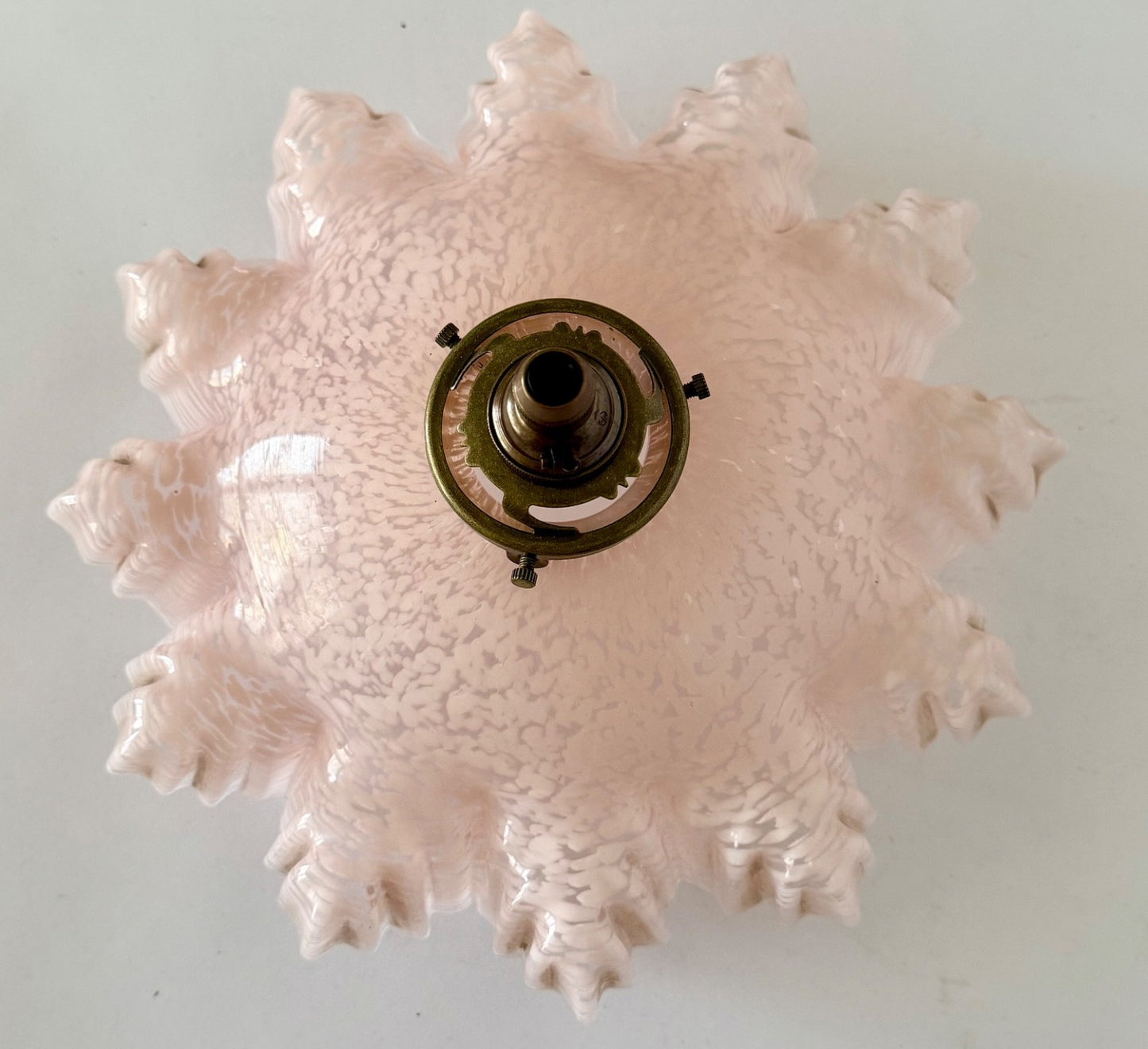 Vintage French marbled glass frilly coolie ceiling light shade pink + fittings4
