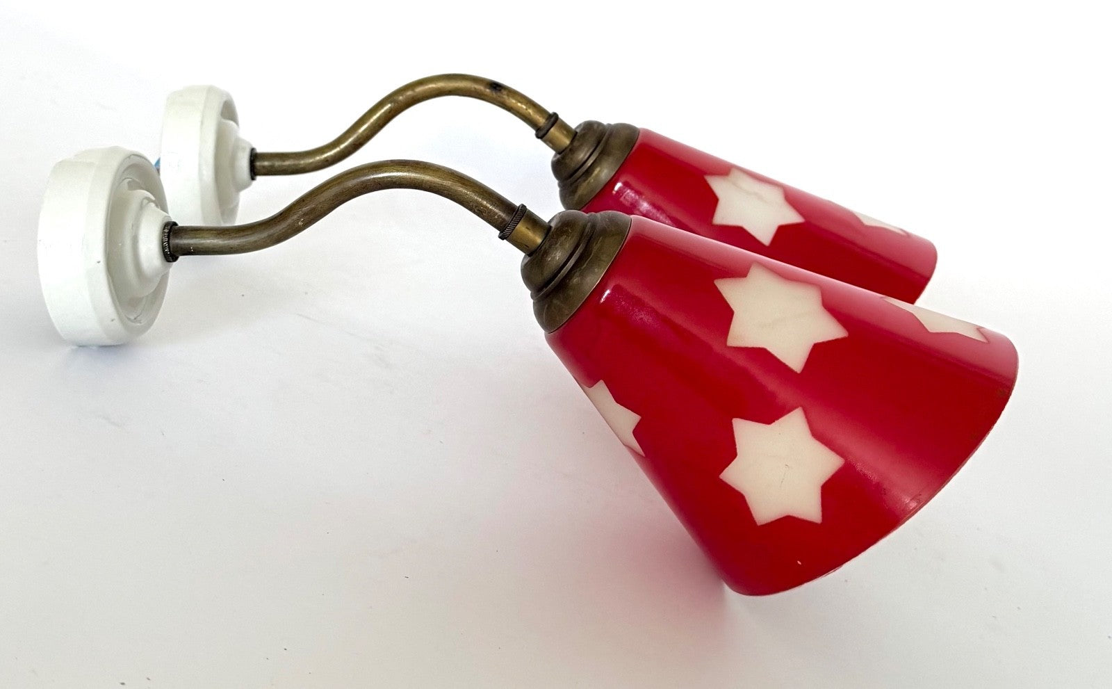 Pair vintage red glass wall lights brass stars ceramic rewired 1950s sconces1