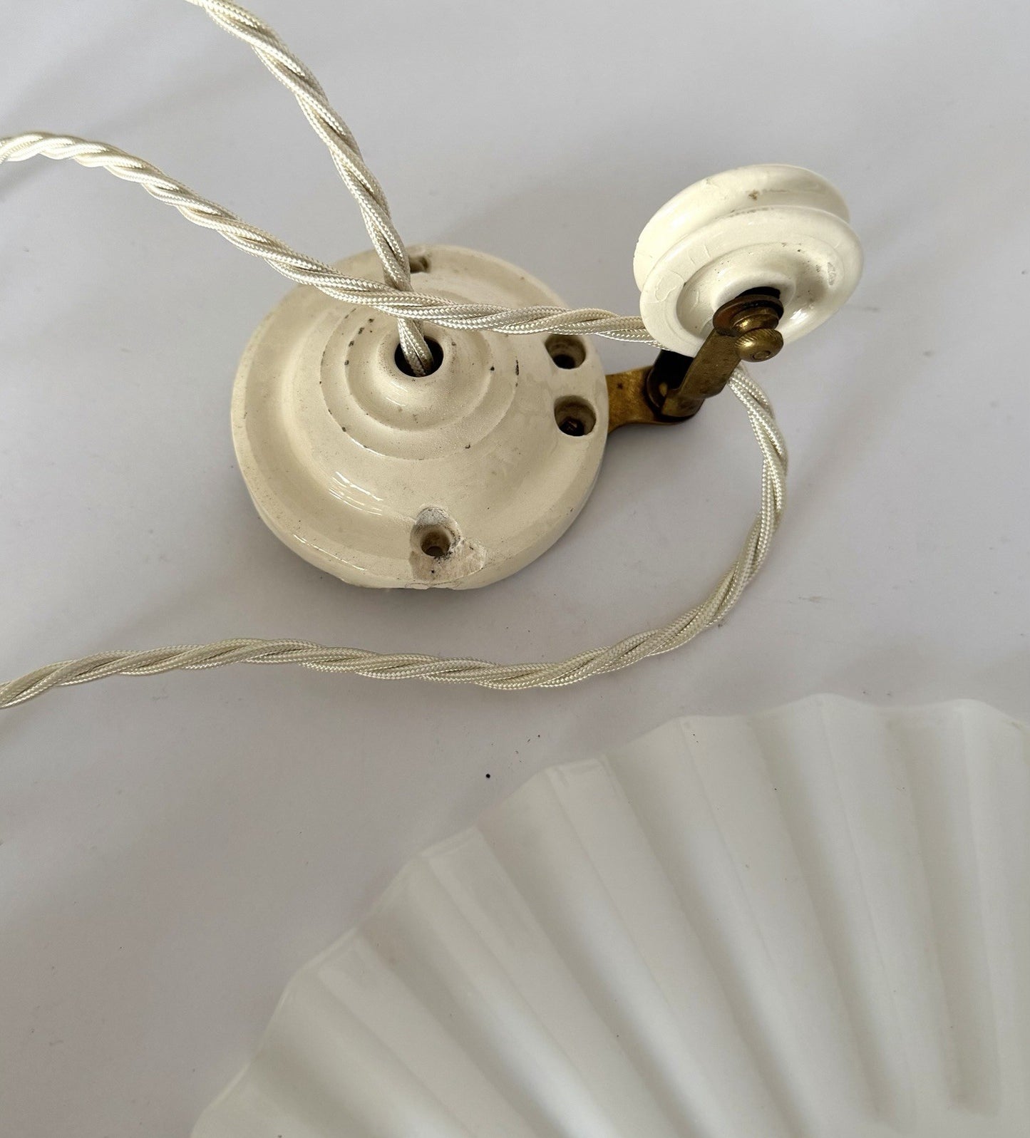 Vintage original French rise & fall ceiling light pleated opaline glass shade S8
