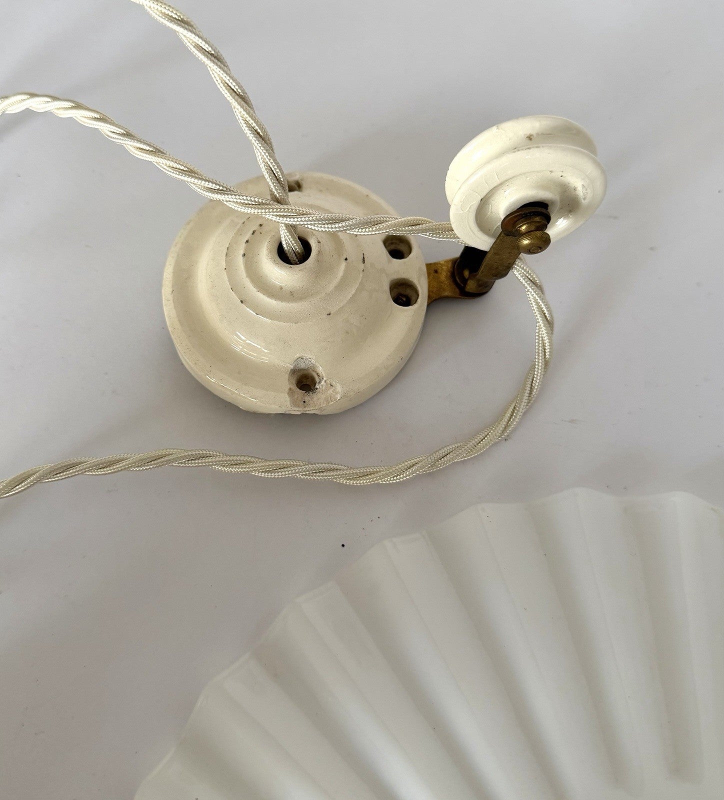 Vintage original French rise & fall ceiling light pleated opaline glass shade S8