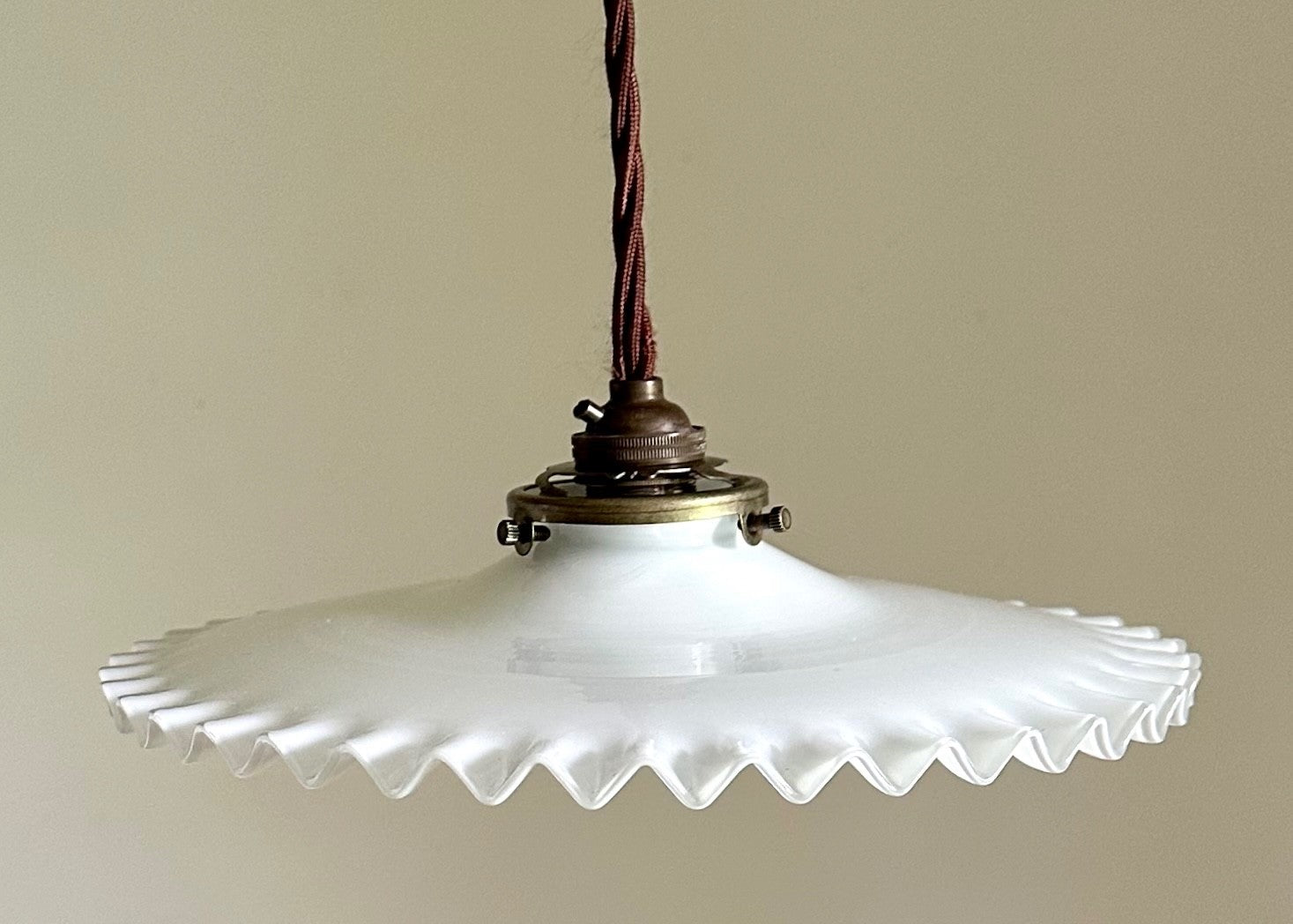 Vintage French all opaline piecrust coolie light shade & brass fittings1