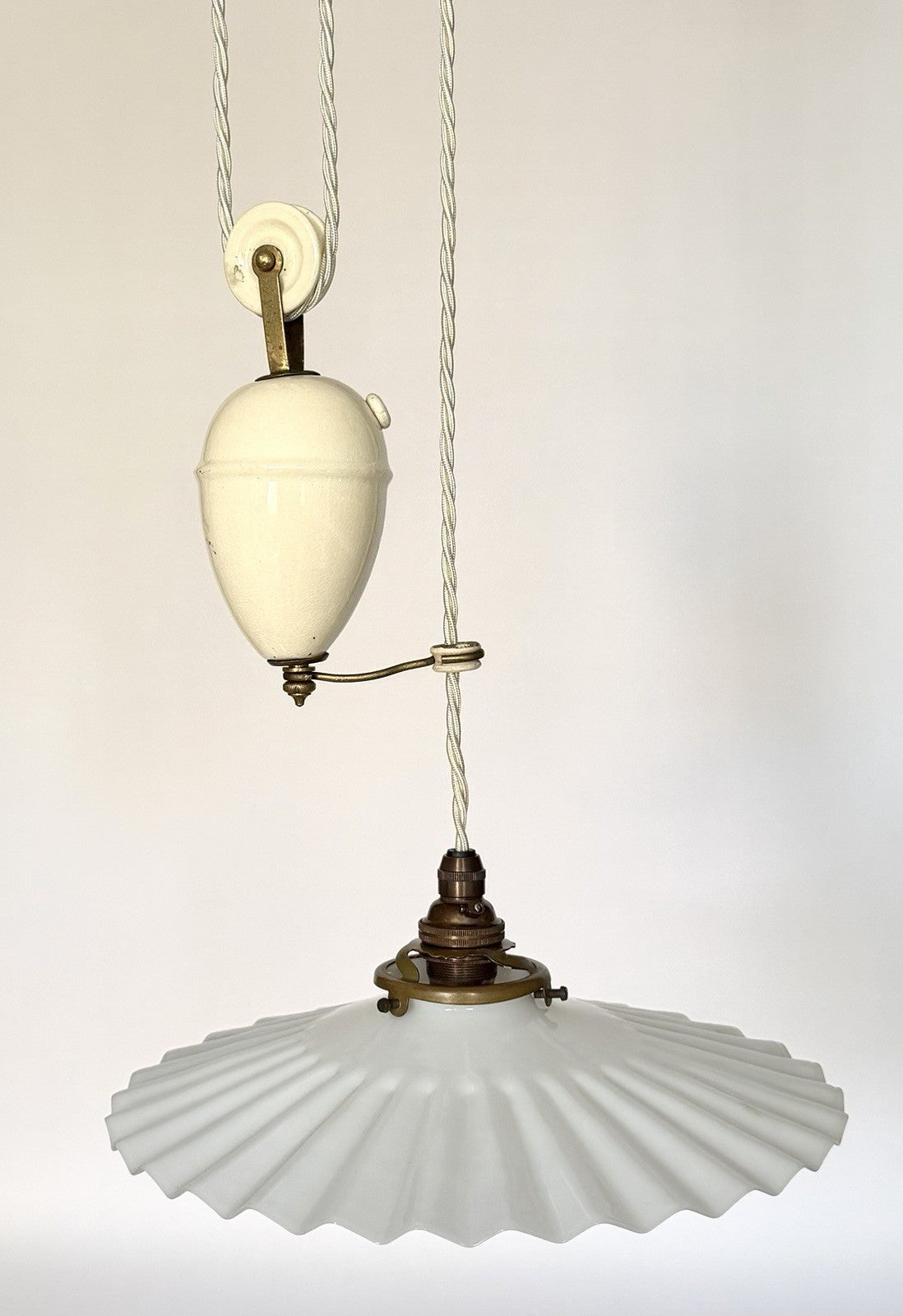 Vintage original French rise & fall ceiling light pleated opaline glass shade S6