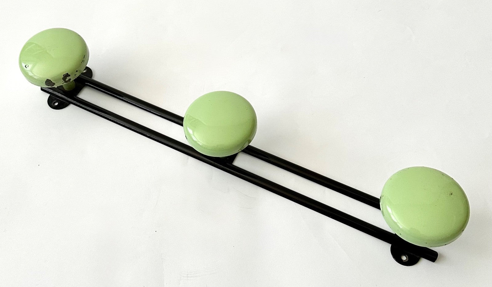 Row vintage French coat hooks pegs 43cm round green midcentury 50s 60s retro0