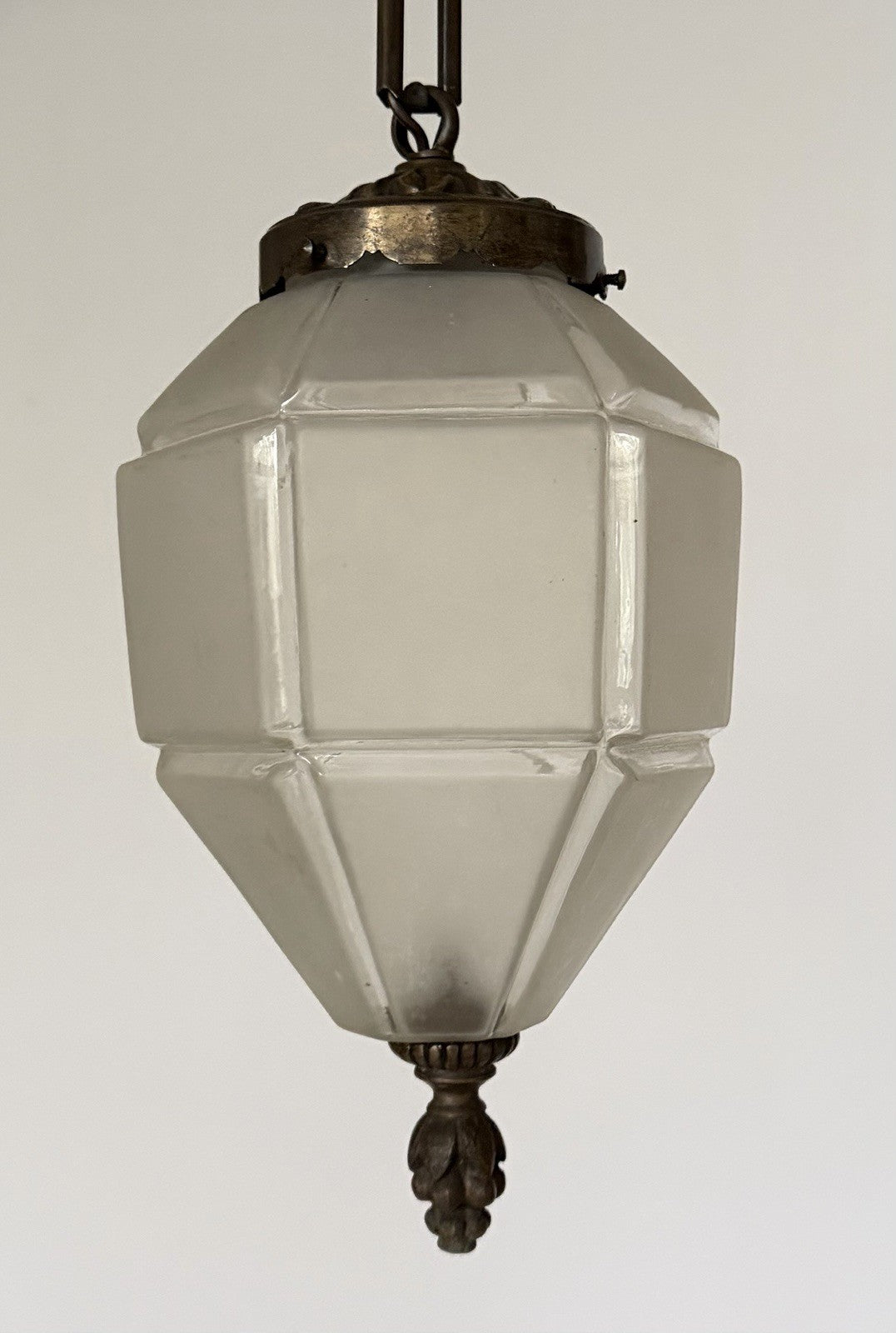 Antique French Frosted Faceted Glass Lantern Ceiling Light Chain & Rose Wired1