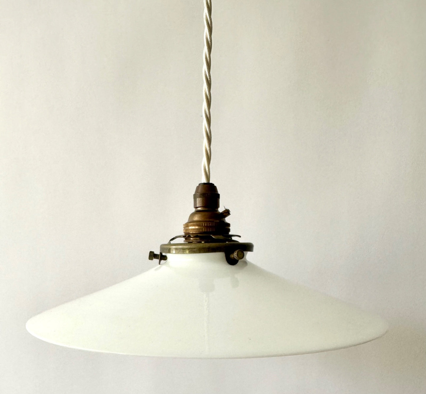 Smaller vintage French opaline glass coolie light shade ceiling + fittings 22cm1