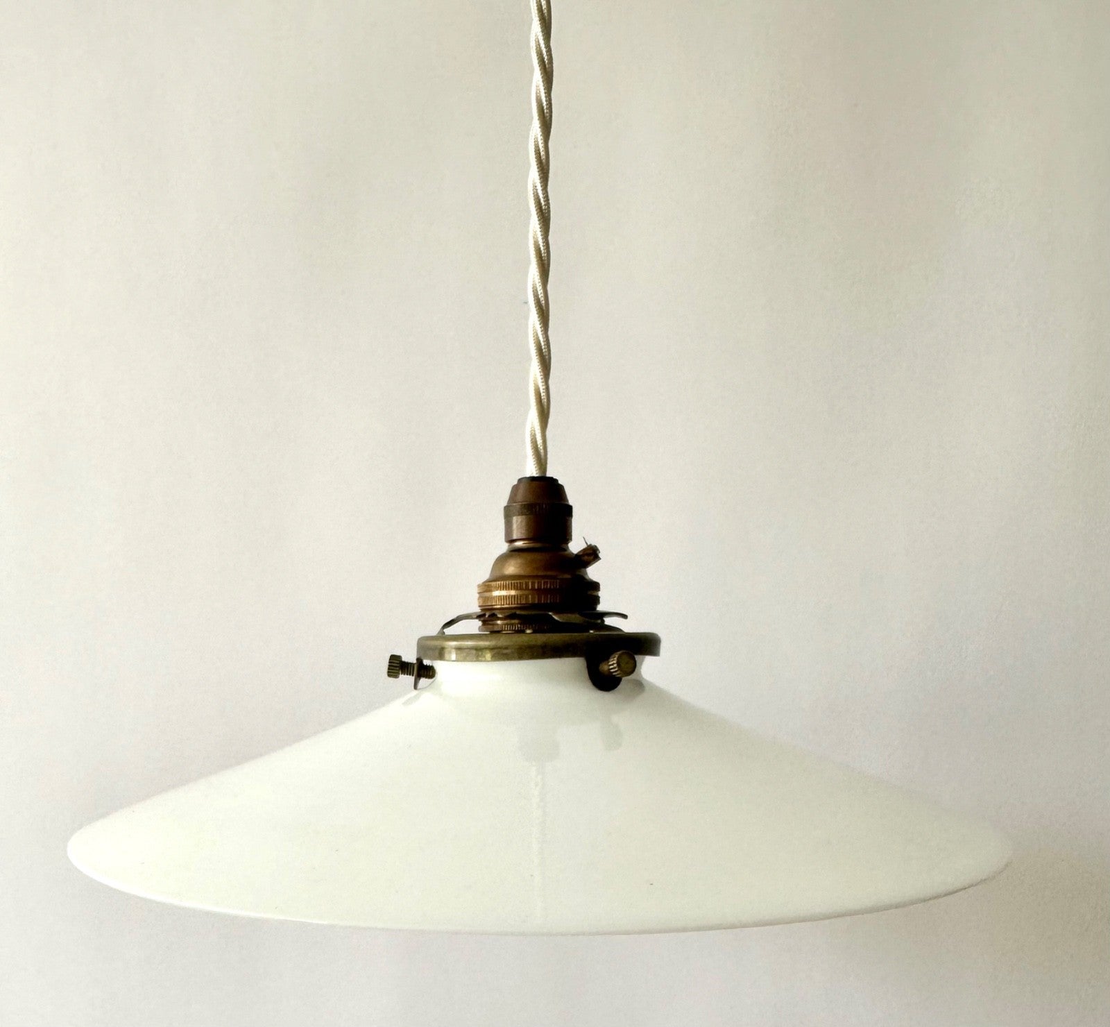 Smaller vintage French opaline glass coolie light shade ceiling + fittings 22cm1