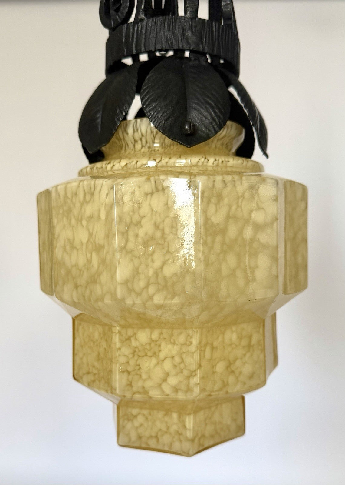 French Art Deco Skyscraper Marbled Stepped Glass & Iron Pendant Ceiling Light2