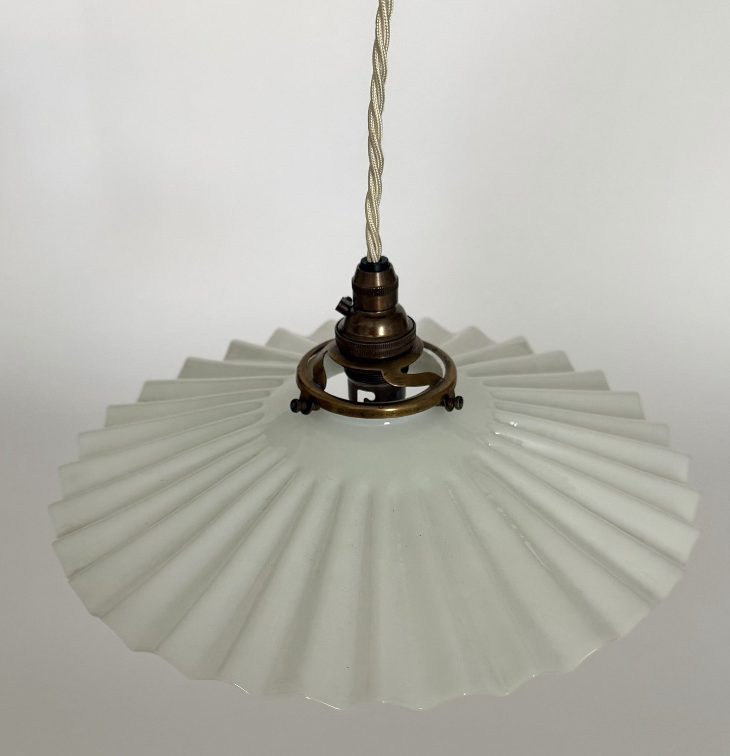 Antique original French rise & fall ceiling light pleated opaline glass shade Z6