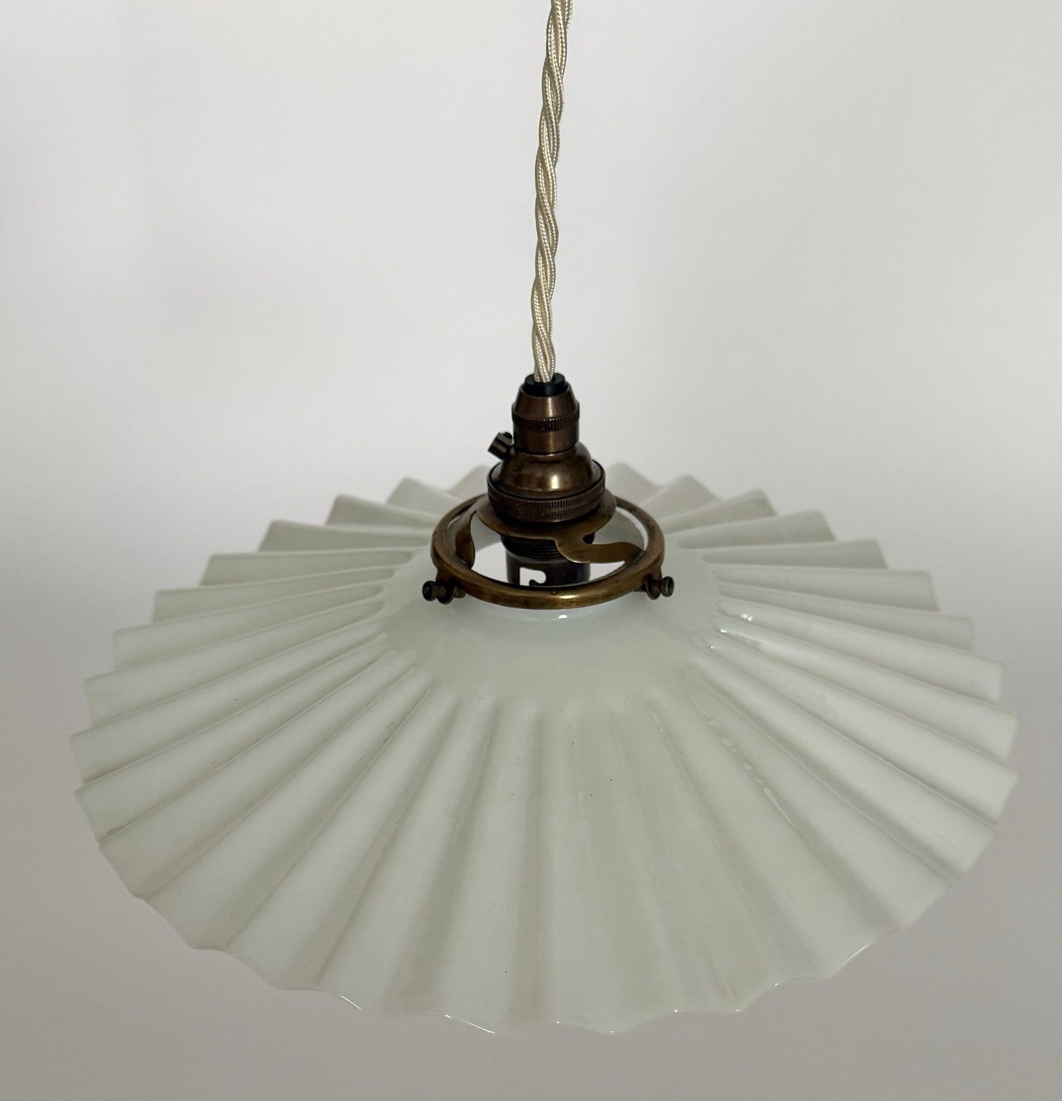 Antique original French rise & fall ceiling light pleated opaline glass shade Z6