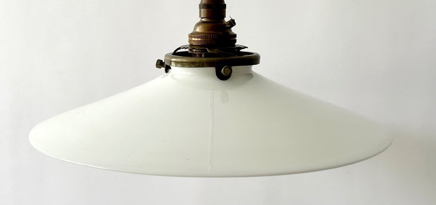 Smaller vintage French opaline glass coolie light shade ceiling + fittings 22cm0