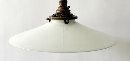 Smaller vintage French opaline glass coolie light shade ceiling + fittings 22cm0