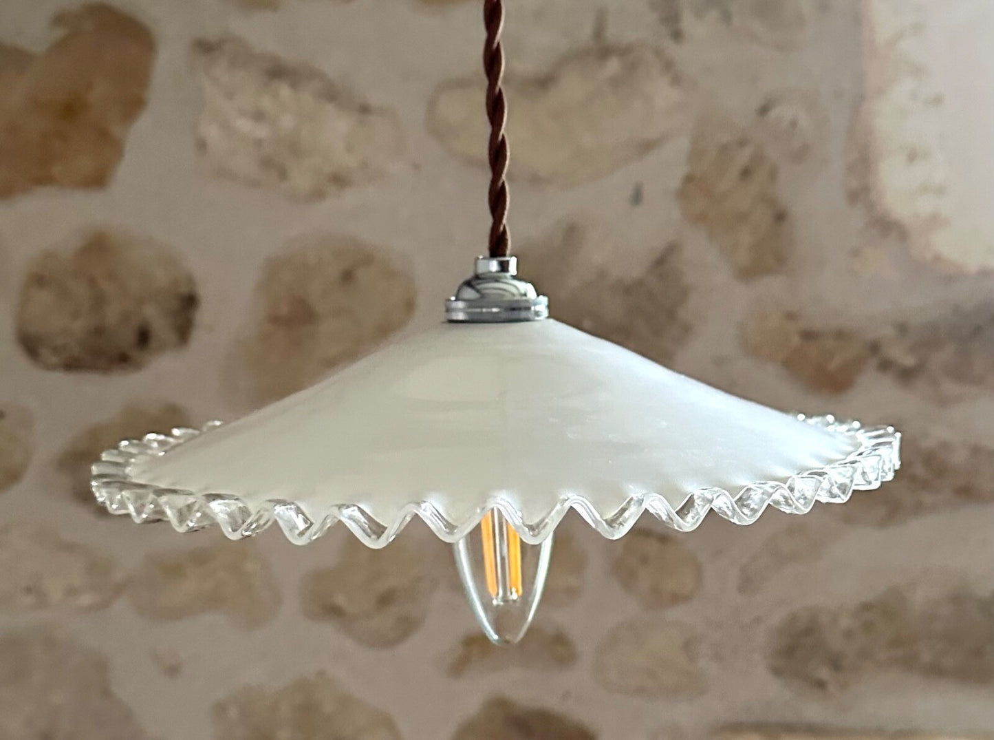 Vintage French opaline fused glass piecrust coolie ceiling light milk glass1