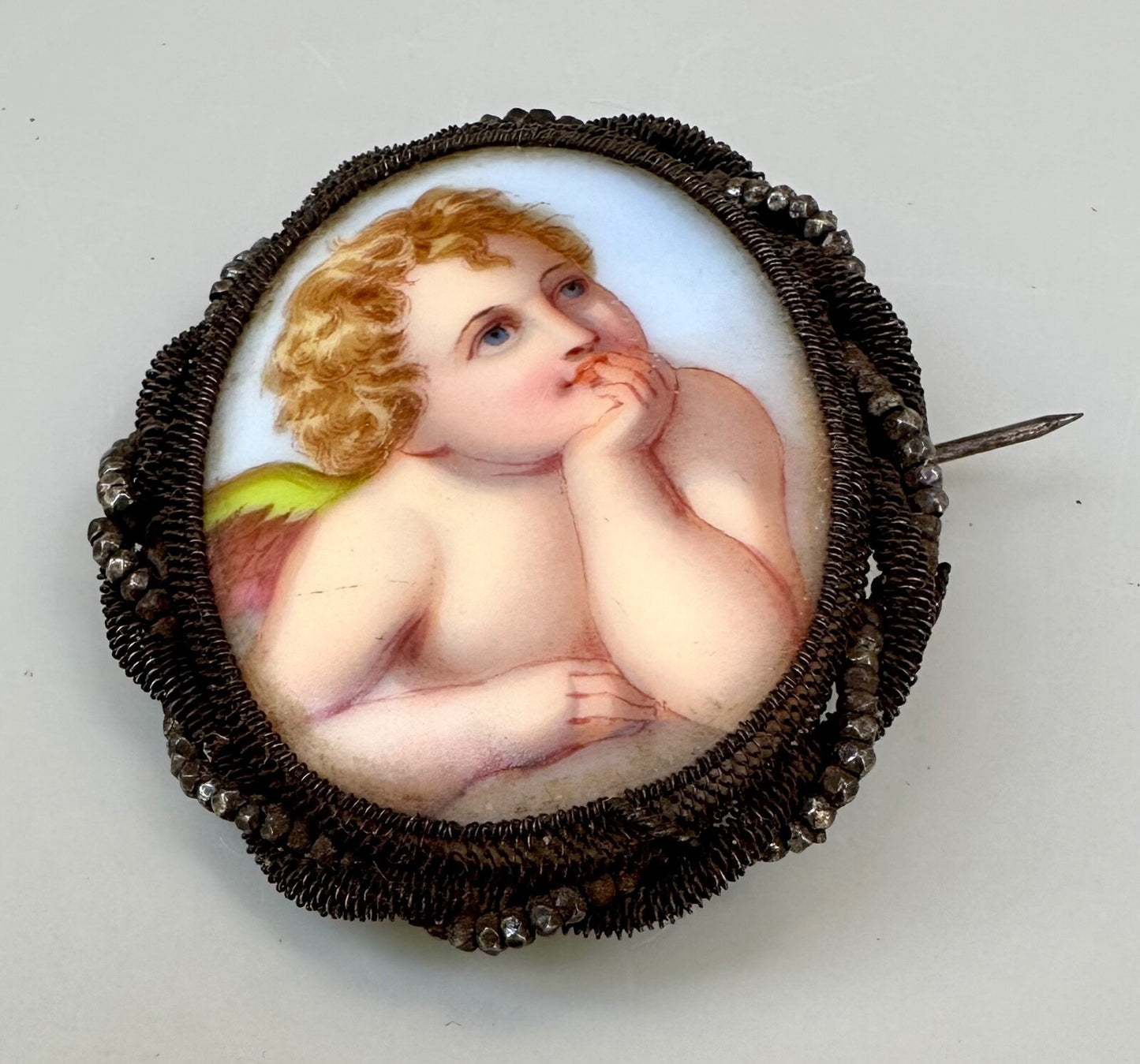 Antique Silesian wirework brooch handpainted cherub putti ceramic porcelain4