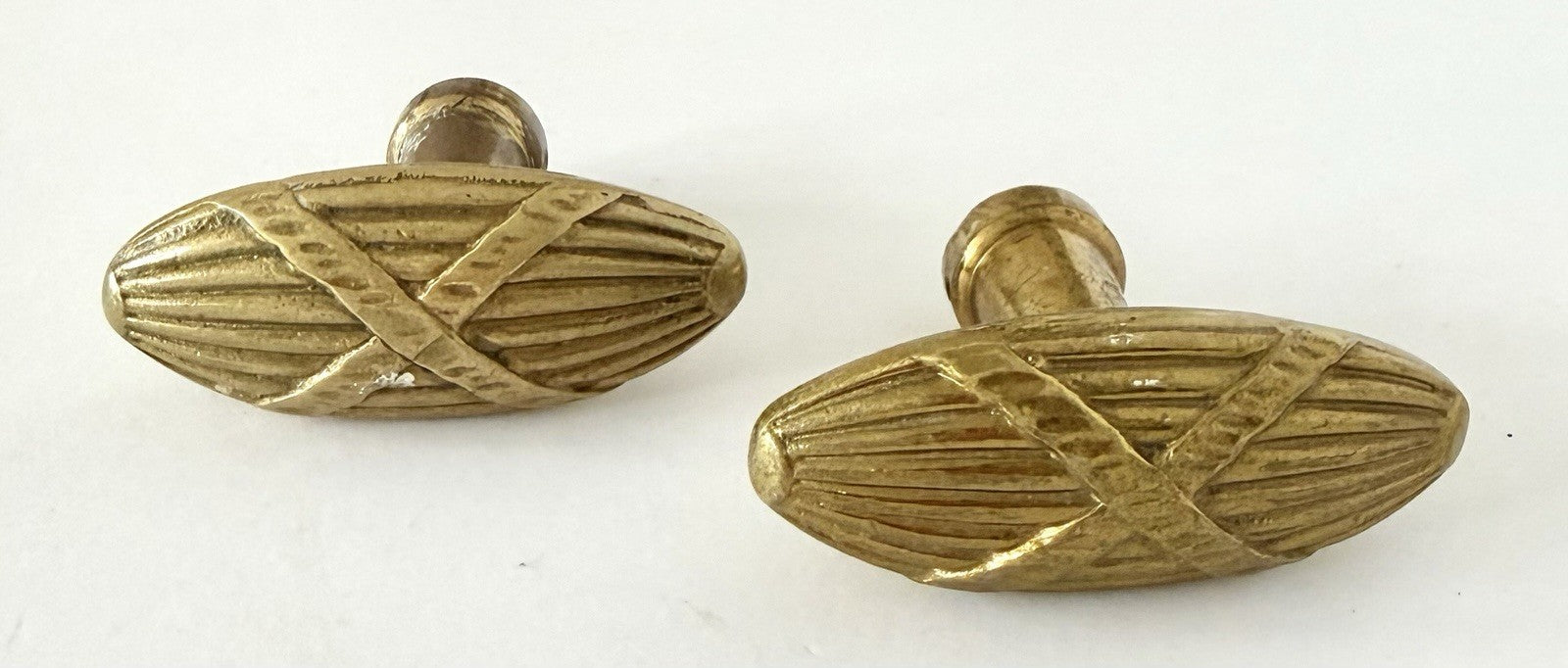 Pair Antique French Brass Knobs Handles Pulls Cabinet Reed & Ribbon 18th C3