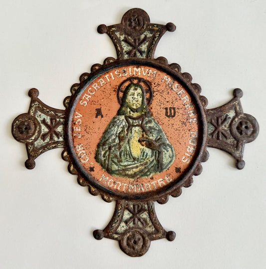 Antique French Religious Souvenir Plaque Jesus Montmartre Paris Tinware 20cm0