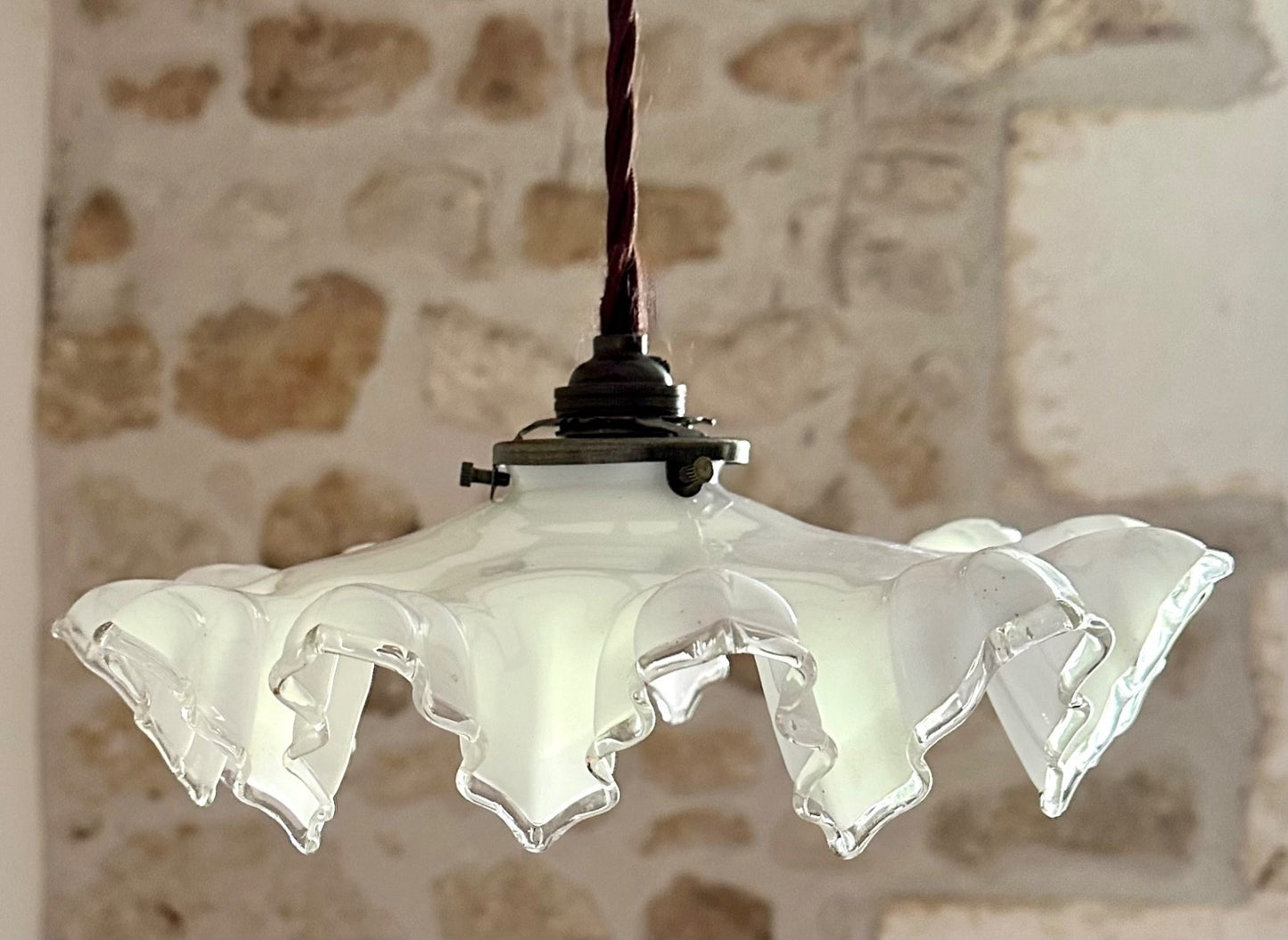 Vintage French opaline glass frilly coolie ceiling light shade white + fittings1