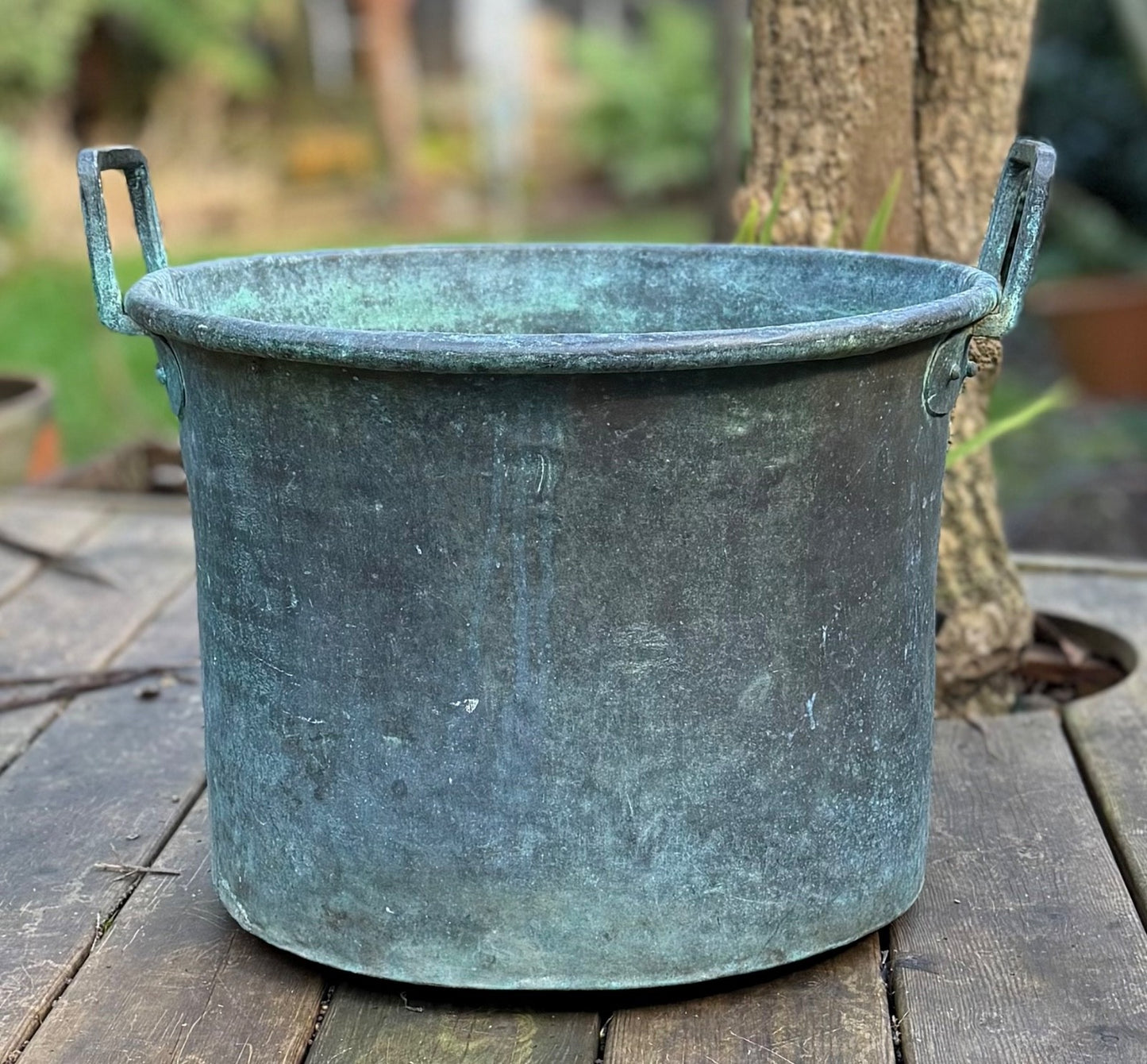 Large Antique French Copper Planter Handled Weathered Verdigree Tub Pot Log Bin0
