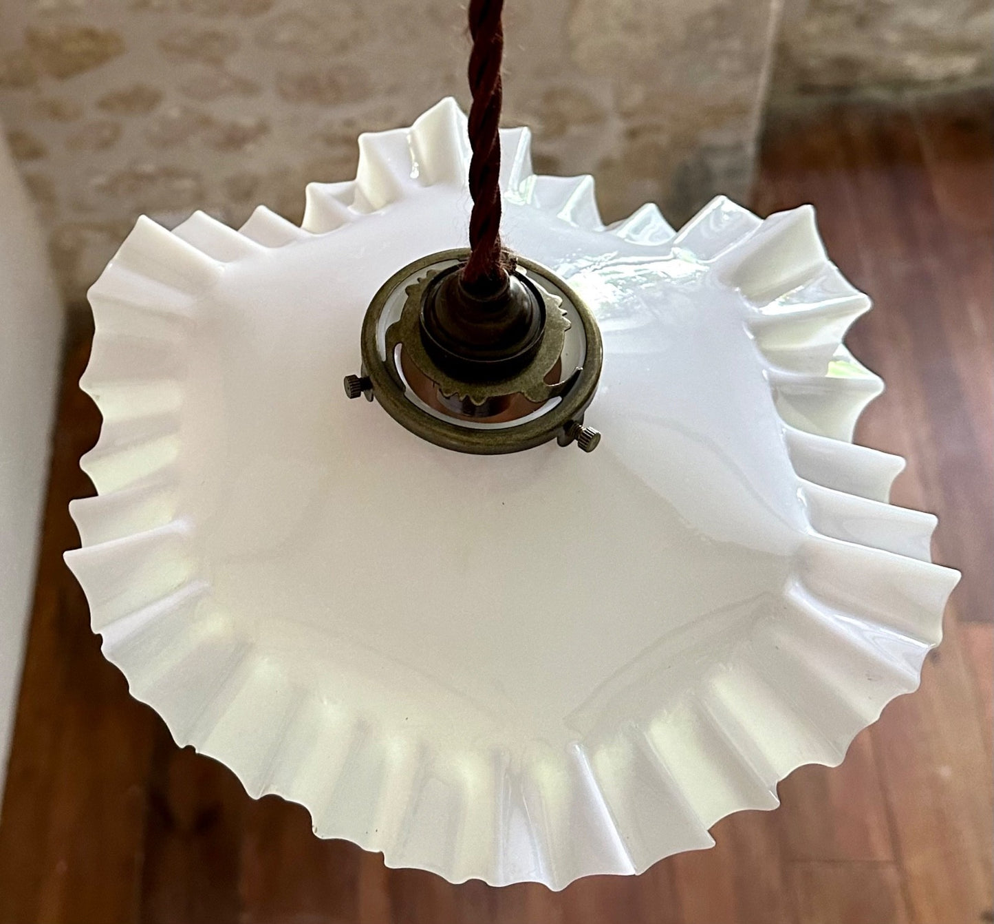 Vintage French opaline glass wavy pleated coolie light shade white + fittings2