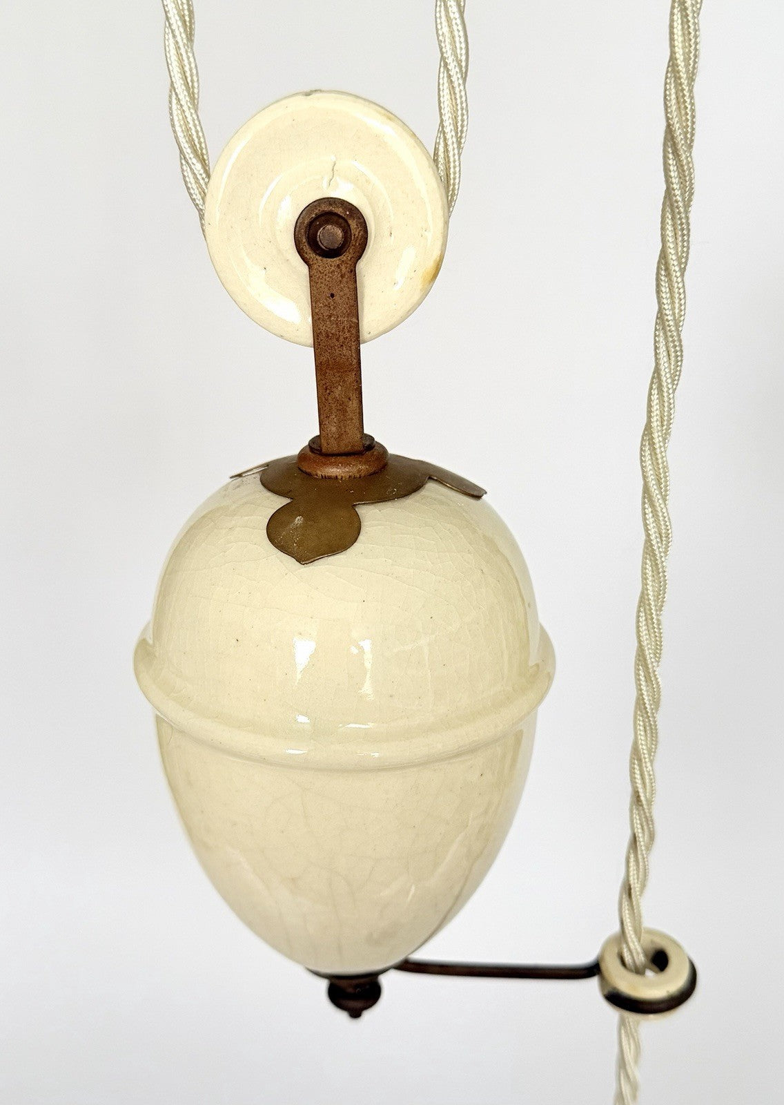 Antique original French rise & fall ceiling light pleated opaline glass shade Z4