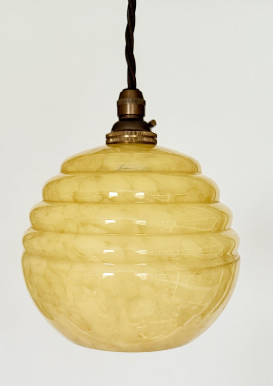 Small vintage French ribbed marbled glass ceiling light yellow ready to hang0