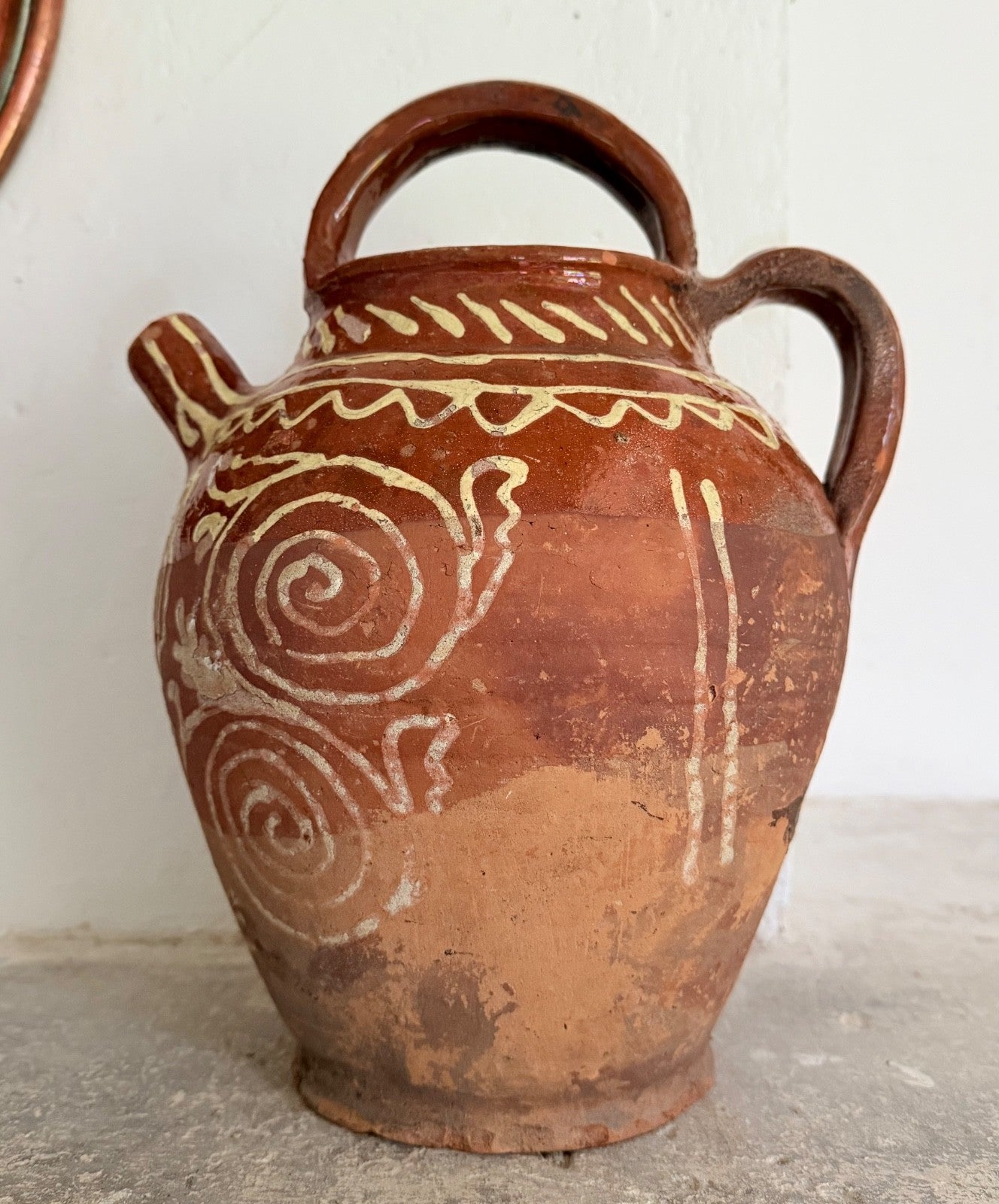 Antique French Saône terracotta gargoulette jug pitcher decorated slipware 19thC2